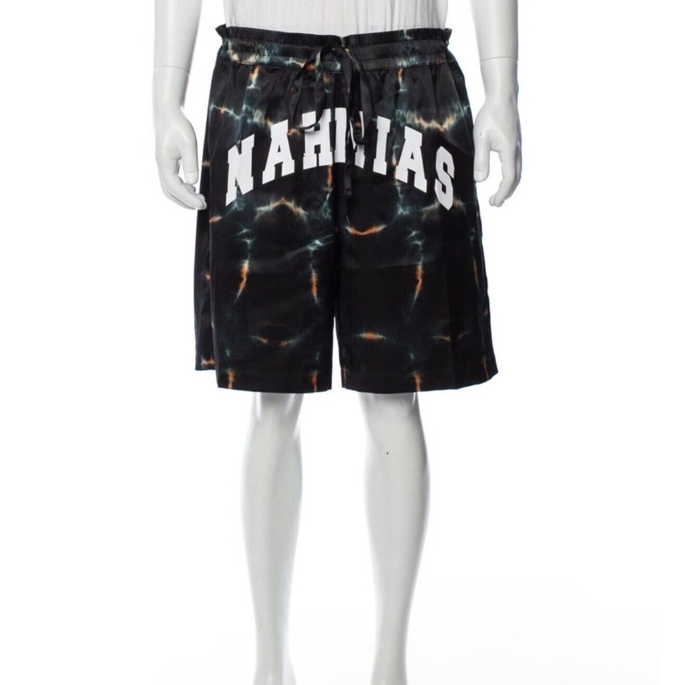 NEW NAHMIAS Spellout Basketball Shorts Silk Tie Dye Graphic Print Sz Small Black
